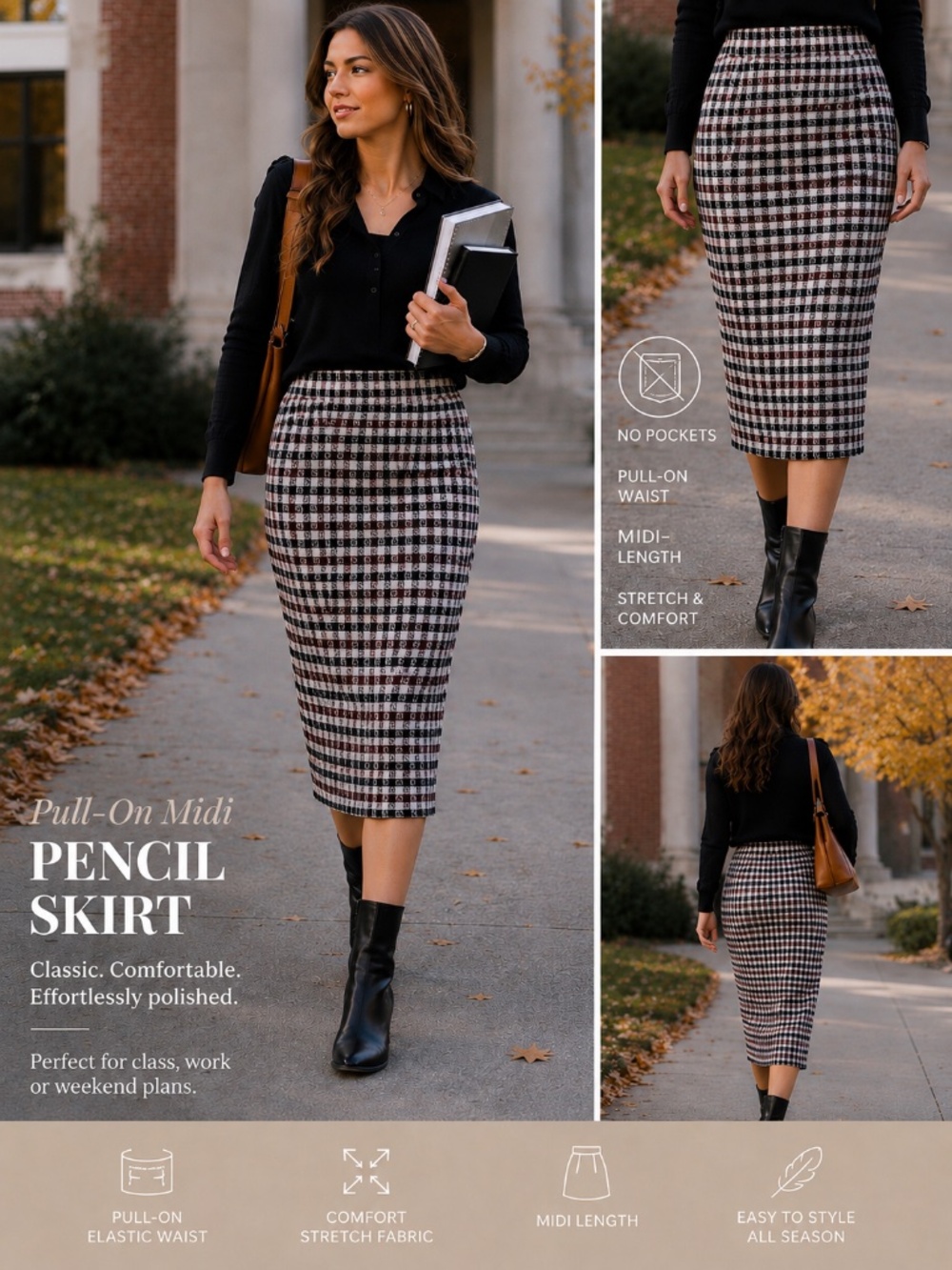 Thread Times Plaid Pull-On Midi Pencil Skirt | Size Medium | Stretch Knit